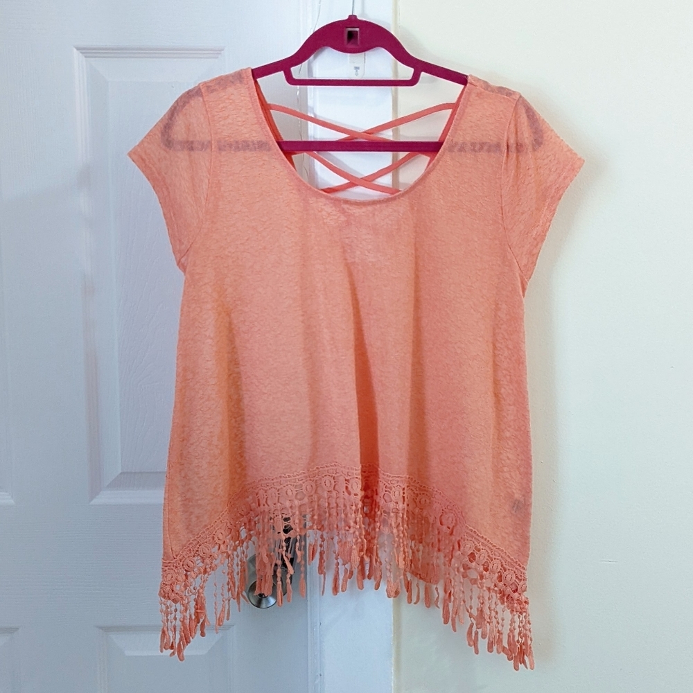 dELiA*s Light Coral Cross-Back T-Shirt with Fringe Size L